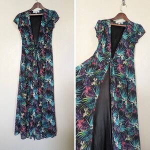 House of Flynn Floral Maxi Kimono Duster S Blue Tropical Print Split‎ Front